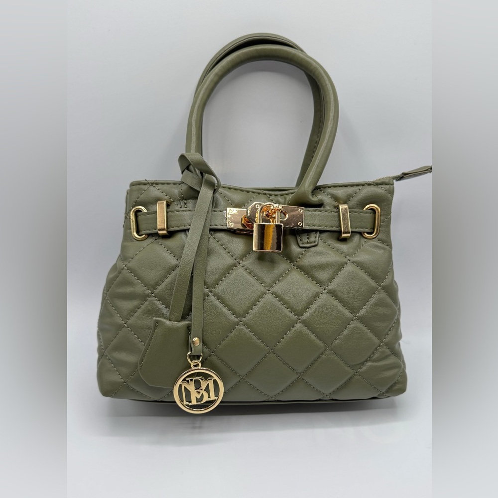 Authentic Badgley Mischka Vegan Leather Elegant Olive Green Quilted Handbag